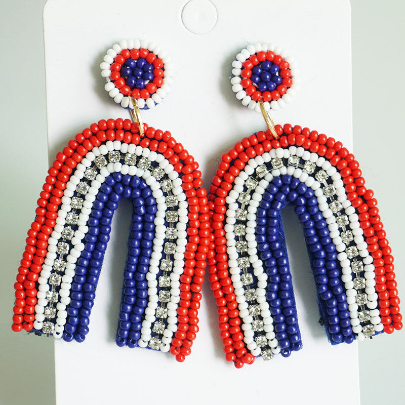 Wholesale 2 Pairs/pack American Independence Day Handmade Rice Beads Beaded Bow Love Heart Rainbow Earrings ACC-ES-HY045