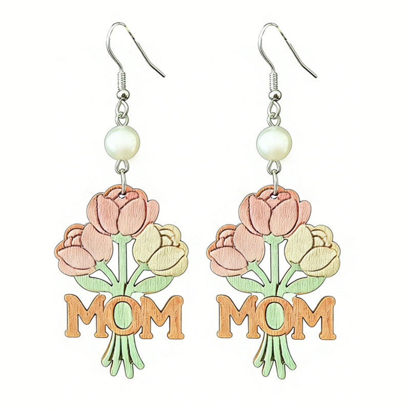 Wholesale 2 pairs Pearl and wooden floral earrings Mother' s Day gift