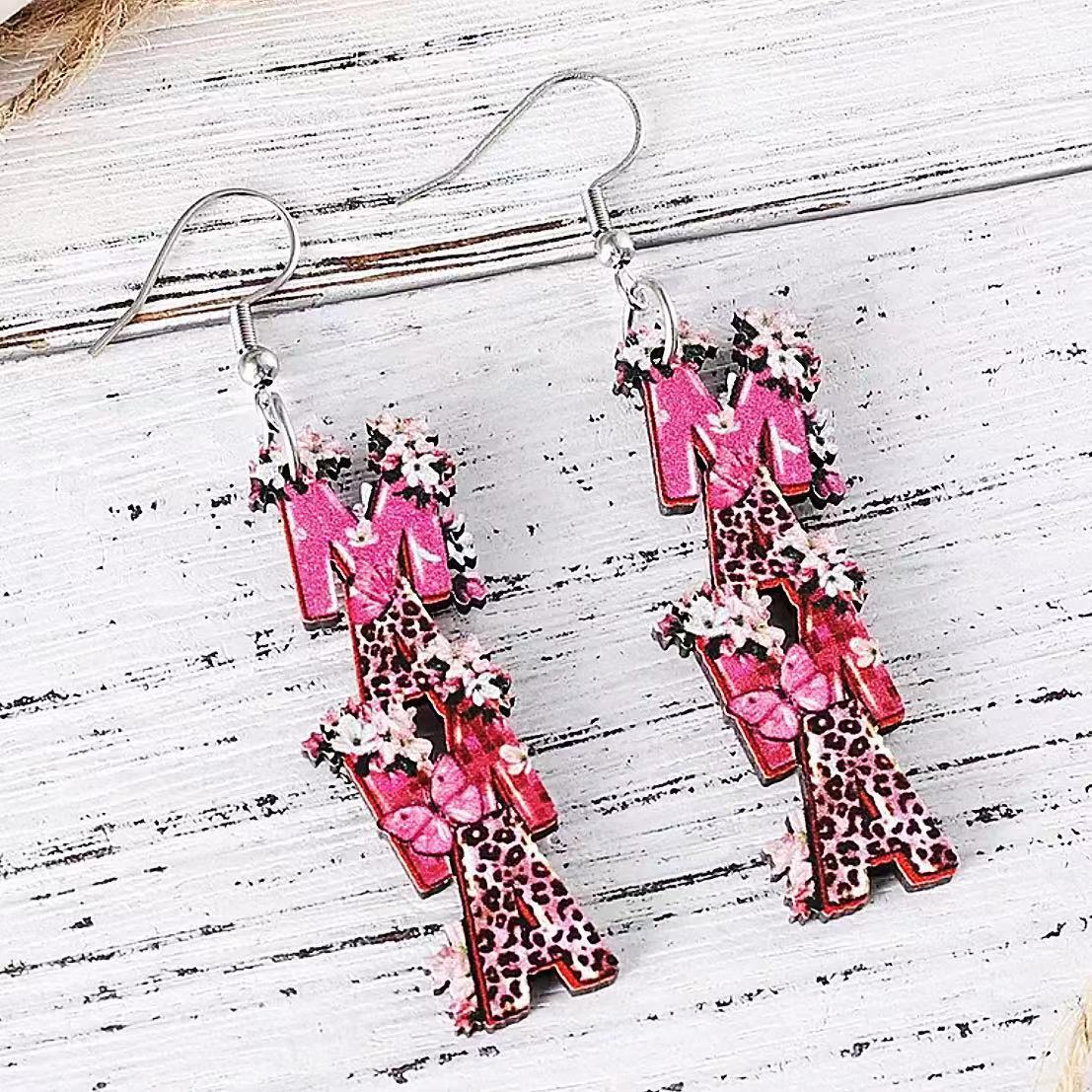 Wholesale Mother's Day MAMA leopard print wooden earrings ACC-ES-AnDao004