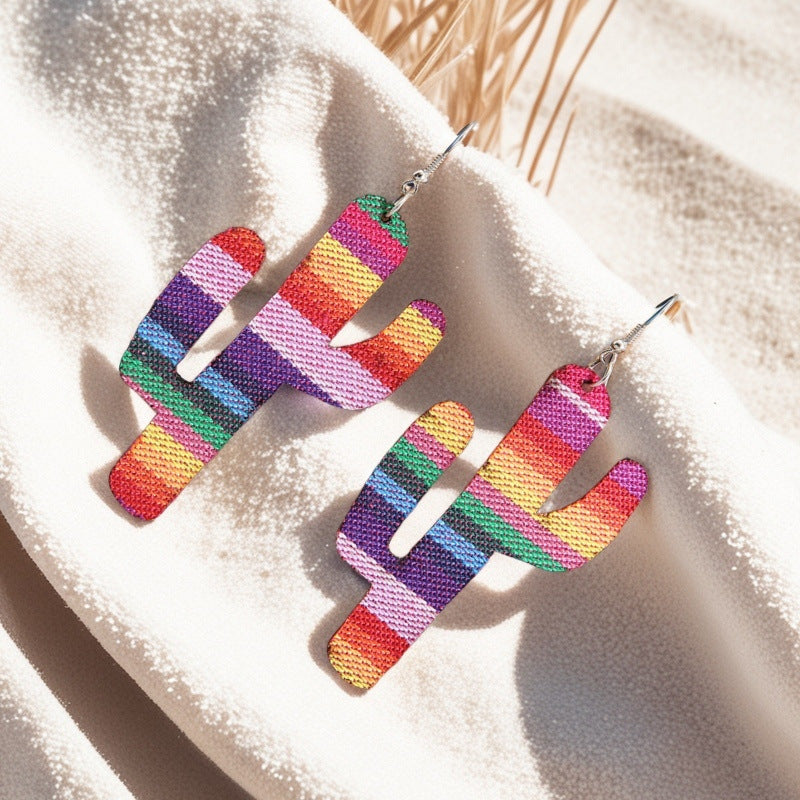 Wholesale Colorful Striped Cactus Mexican Wood Double Sided Earrings