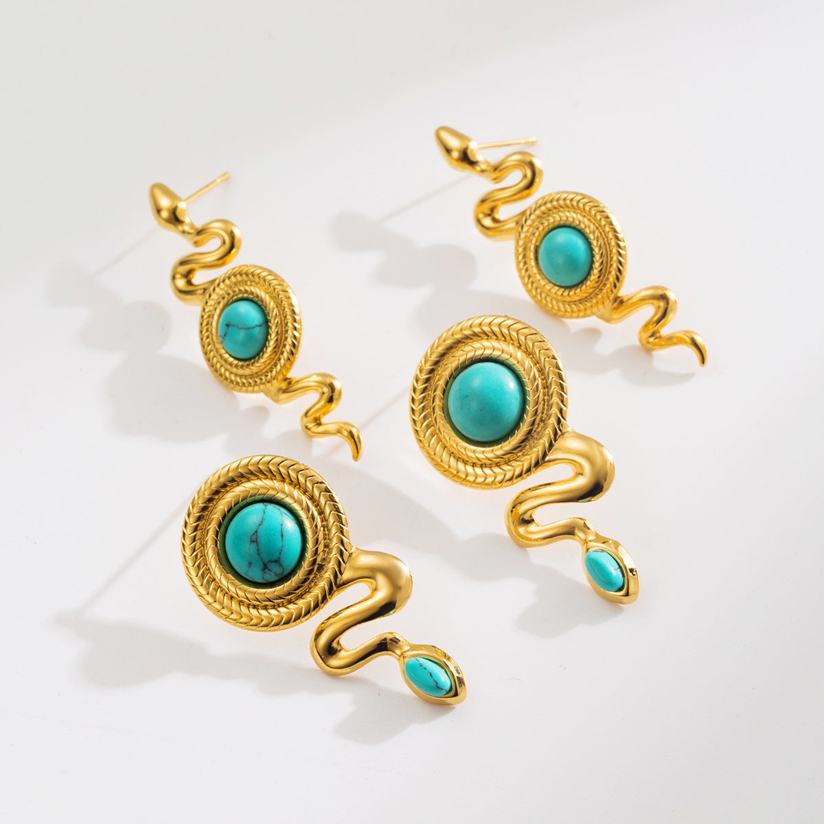 Wholesale Style Niche Design Sense Serpentine Earrings Stainless Steel Plated 14k Gold Set Turquoise Earrings