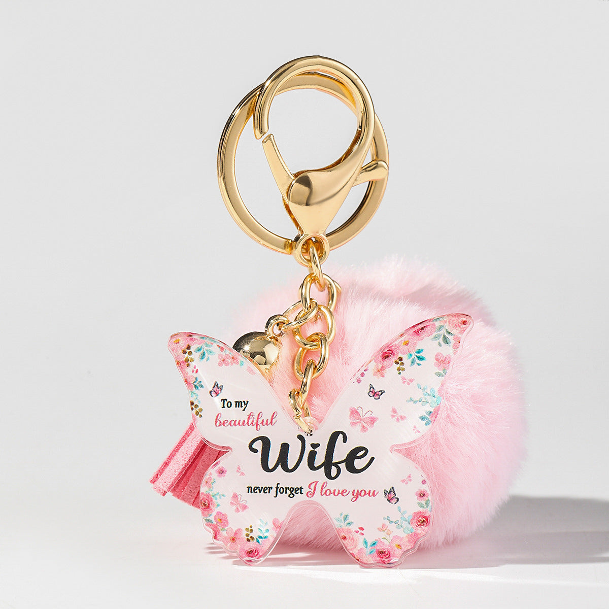 Wholesale Butterfly MOM Grandma Fur Ball Mother's Day Gift Acrylic Keychain Pom Pom ACC-KC-HuiWen013