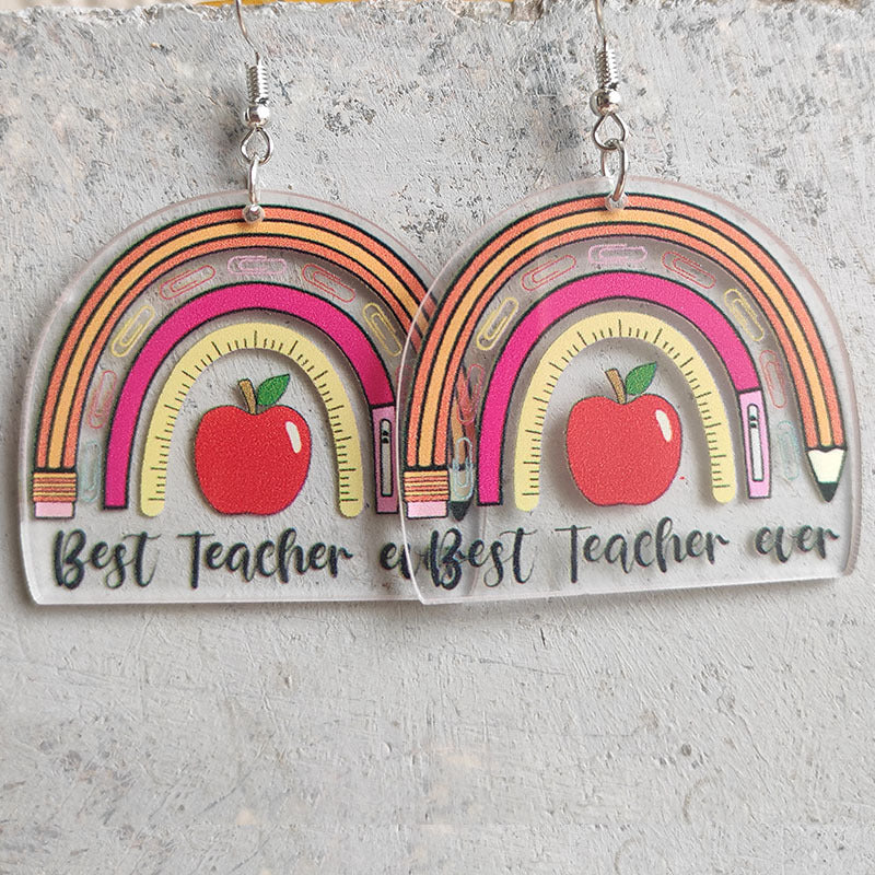 Wholesale Ruler Pencil Apple Rainbow Leopard Print Acrylic Earrings Teacher Gift Teacher's Day ACC-ES-HY014