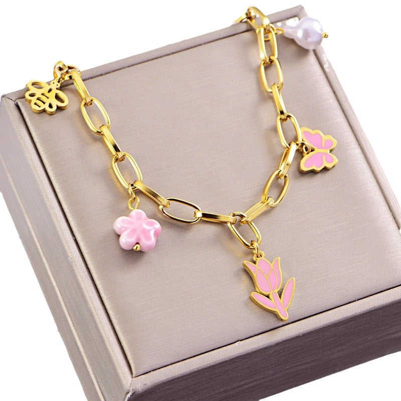 Wholesale Titanium Steel Pink Drop Tulip Sweater Necklace Multi-element Butterfly Bee Bracelet