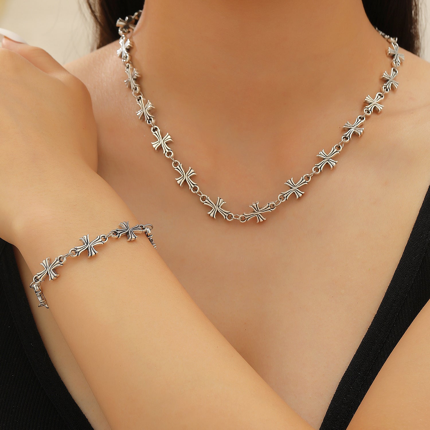 Wholesale European and American Cross-Border Gothic Cross Men' s Alloy Bracelet Retro Dark Style Versatile Necklace Set Jewelry for Women