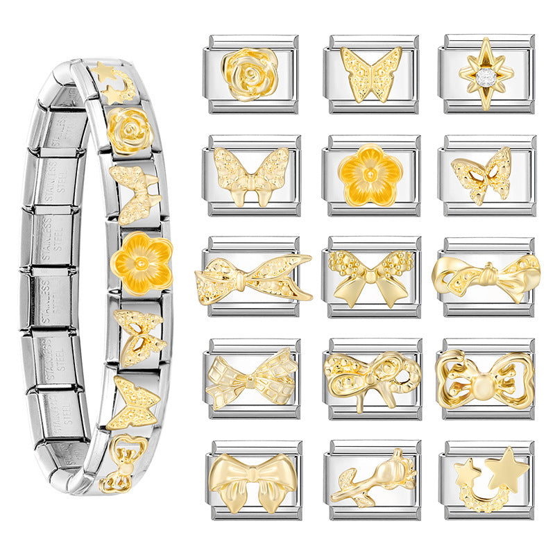 Wholesale Italian Charm Bracelet 9mm DIY Splicing Gold Butterfly Bow Stainless Steel Composable Bracelet