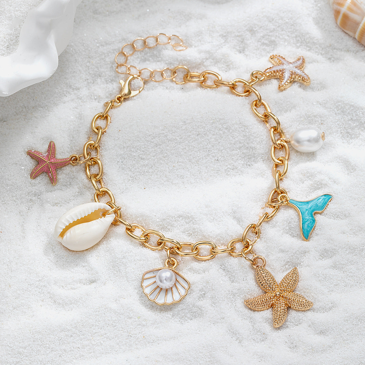 Wholesale Bohemian Ocean Style Alloy Starfish Shell Mermaid Tail Pearl Pendant Adjustable Bracelet