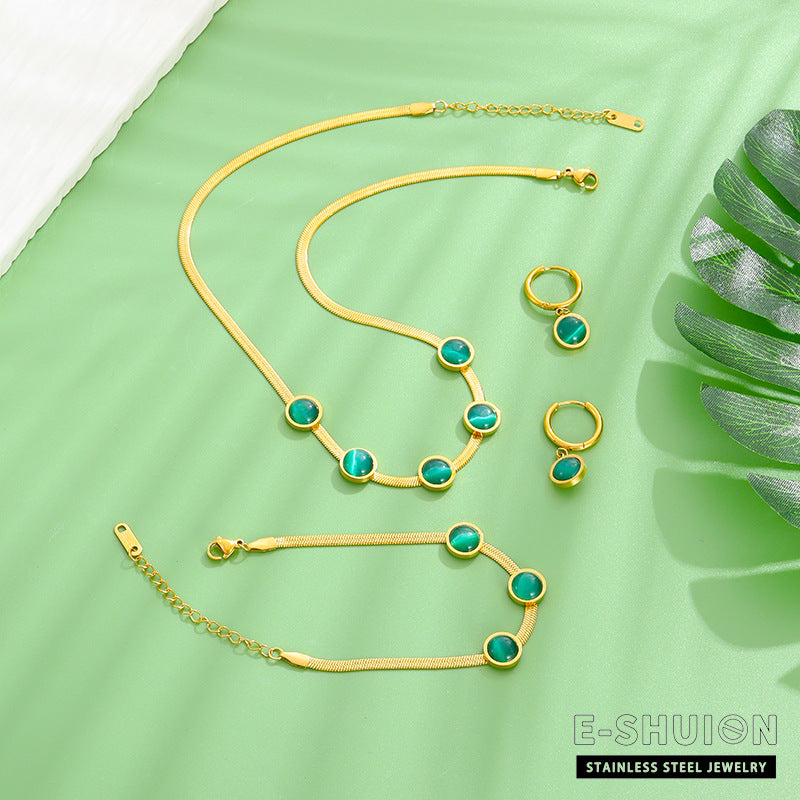 Wholesale Vintage Emerald Necklace Cat's Eye Jewelry Set Titanium Steel Necklace 18k Gold Bracelet Earrings ACC-NE-YiSheng006