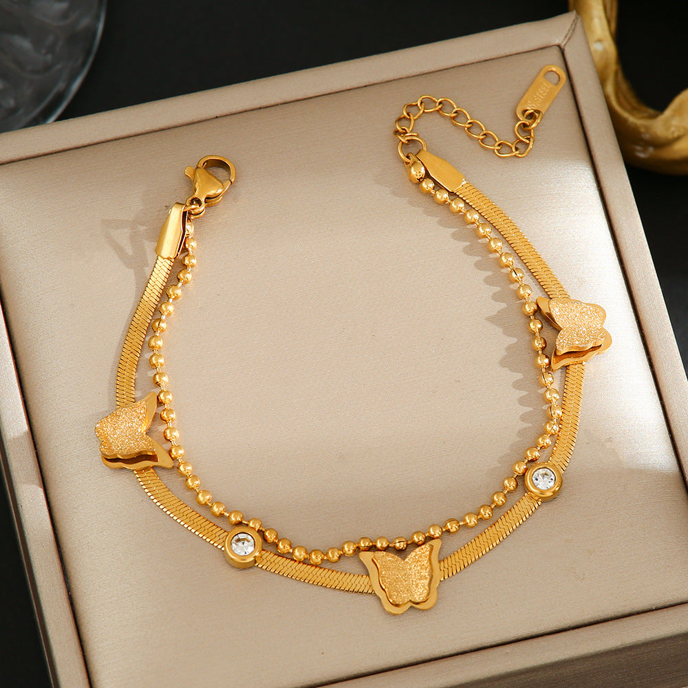 Wholesale  Titanium Steel Bracelet Women's Light Luxury Personalized Double-layer Butterfly Frosted Bracelet