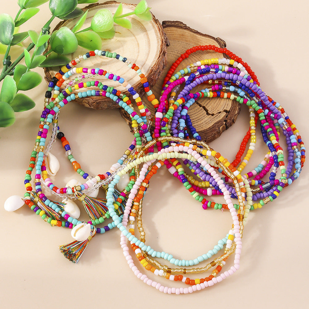 Wholesale colorful rice beads shell anklet suit