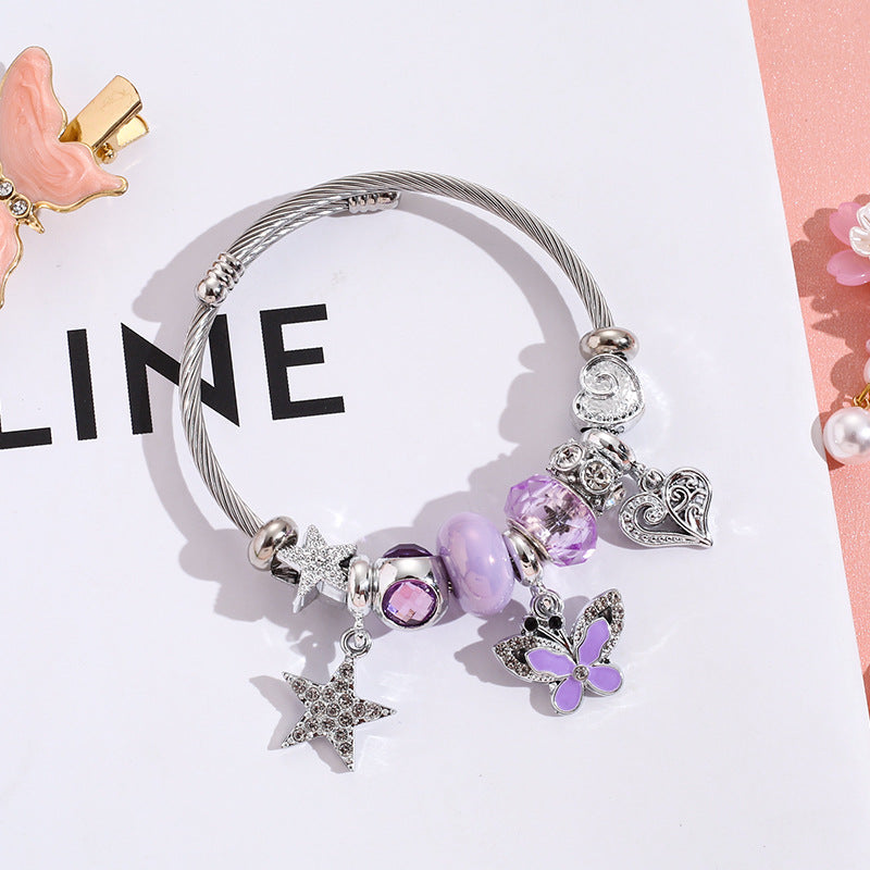 Wholesale Pentagram Butterfly Rhinestone Beaded Stainless Steel Bracelet ACC-BT-QingLian004