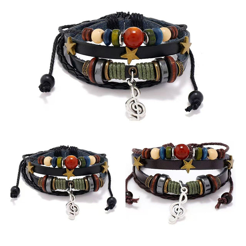 Wholesale Folk Style Woven Leather Bracelet with Beaded Charms,  Unisex Adjustable Jewelry Accessory