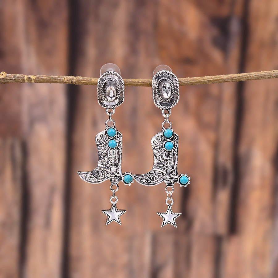 Wholesale Retro Western Cowboy Boots Hat Pendant Earrings Zinc Alloy Electroplated Fashion Jewelry Accessory