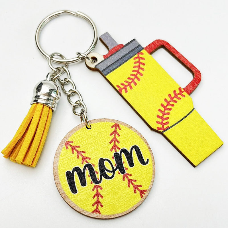 Wholesale 2pcs MOM Cup Football Basketball Tassel Sports Wooden Keychain Creative Keychain ACC-KC-HY026