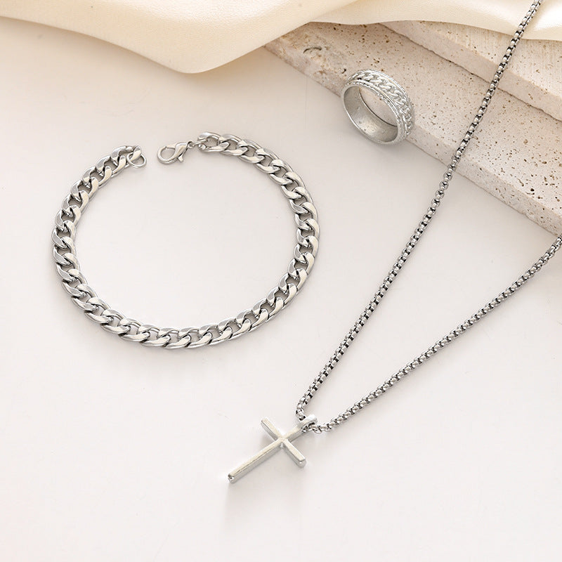 Wholesale Stylish Black Cross Crown Roman Numeral 3 Piece Jewelry Set Necklace Bracelet Ring Fashion Accessory Gift