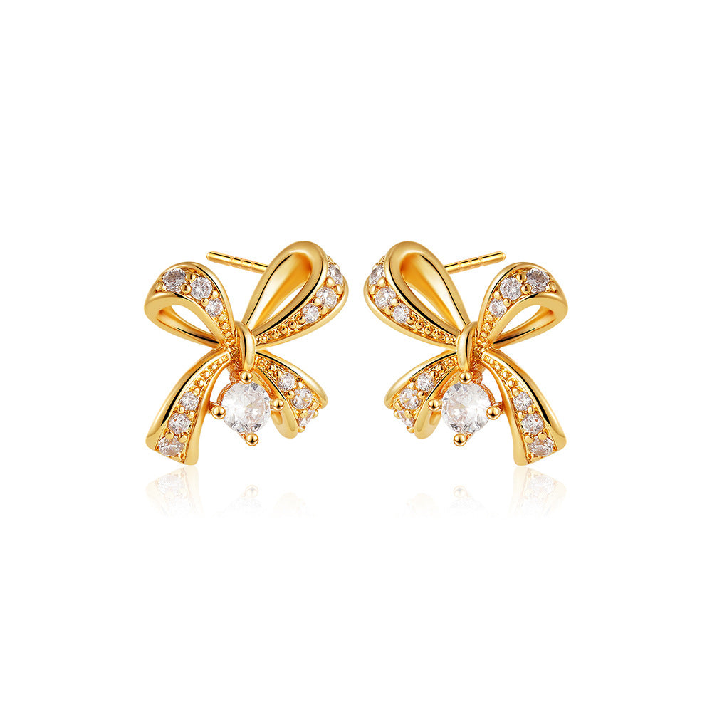 Wholesale  18K Gold Micro-inlaid Zircon Bow Earrings Light Luxury Earrings