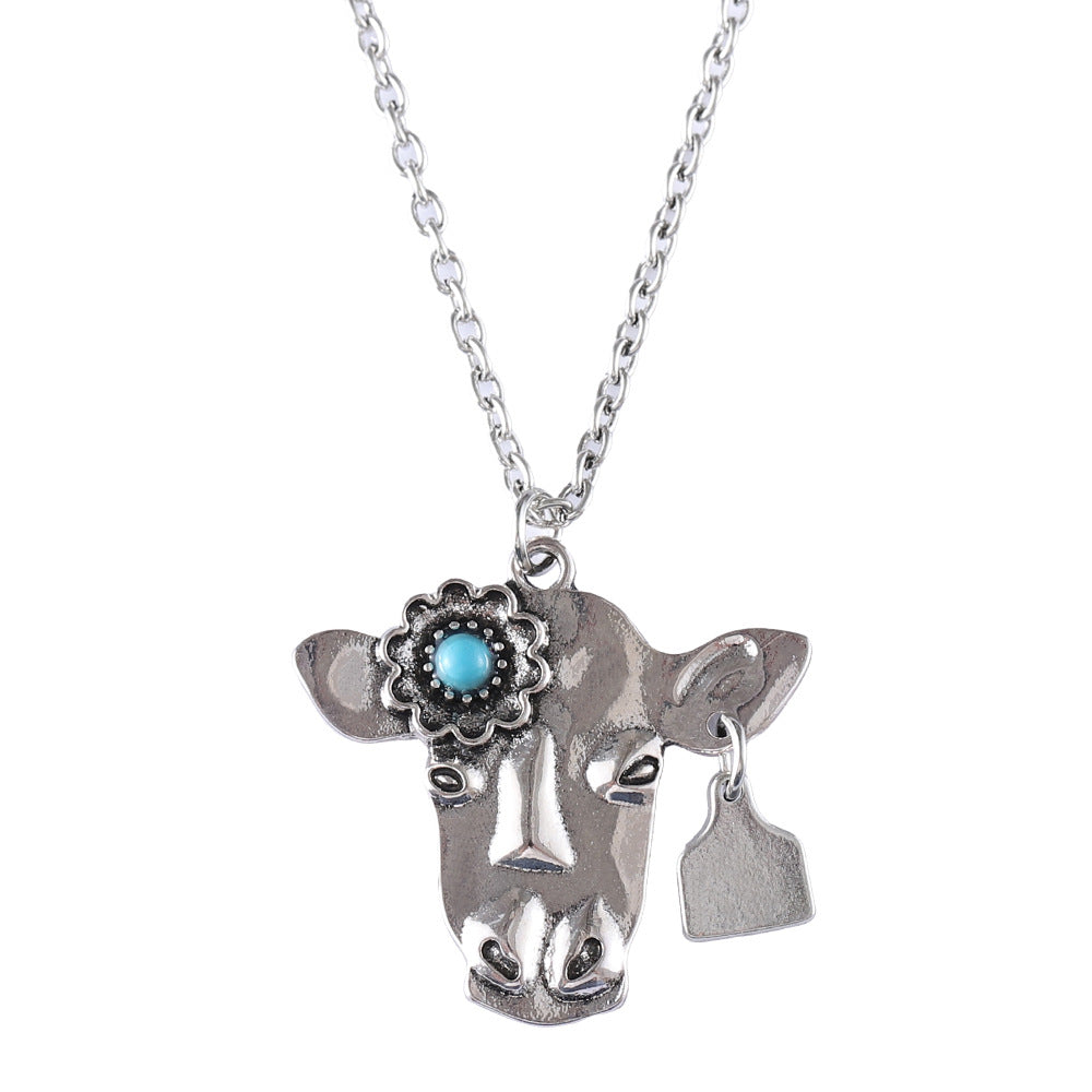 Wholesale Bohemian-style bull skull pendant necklace;  turquoise inlay;  premium vintage-style piece