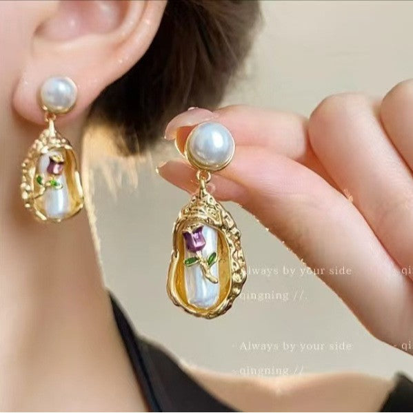 Wholesale Vintage Baroque Green Flower Earrings Alloy Dripping Glaze Fashion Accessory
