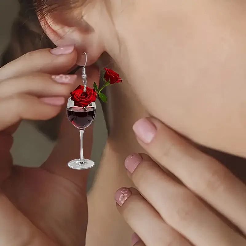 Wholesale  Valentine's Day Limited Red Rose Wine Glass Acrylic Earrings
