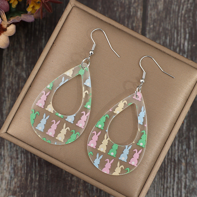 Wholesale  Easter hollow water drop printing cute rabbit acrylic ladies earrings