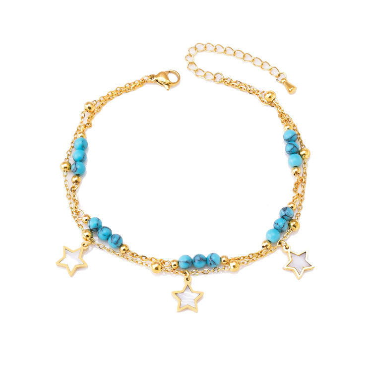 Wholesale double-layer anklet turquoise lucky beads  anklet