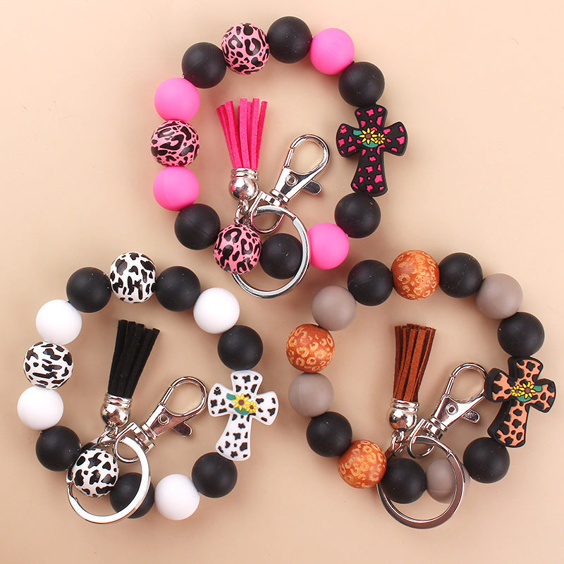 Wholesale New Silicone Beaded Keychain Pendant Leather Small Tassel Print Leopard Print Wooden Bead Bracelet Keychain Accessories ACC-KC-GuangTian036