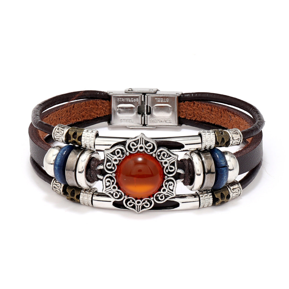 Wholesale 3PCS Leather natural stone multi-layer bracelet