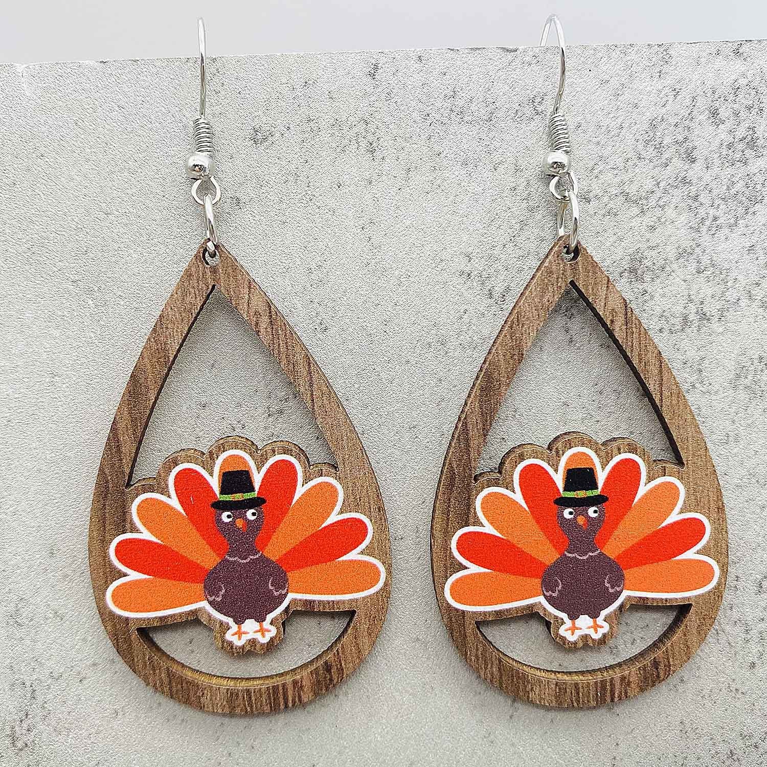 Wholesale  Thanksgiving Wooden Earrings Pumpkin Turkey Maple Leaf Print Drop Earrings