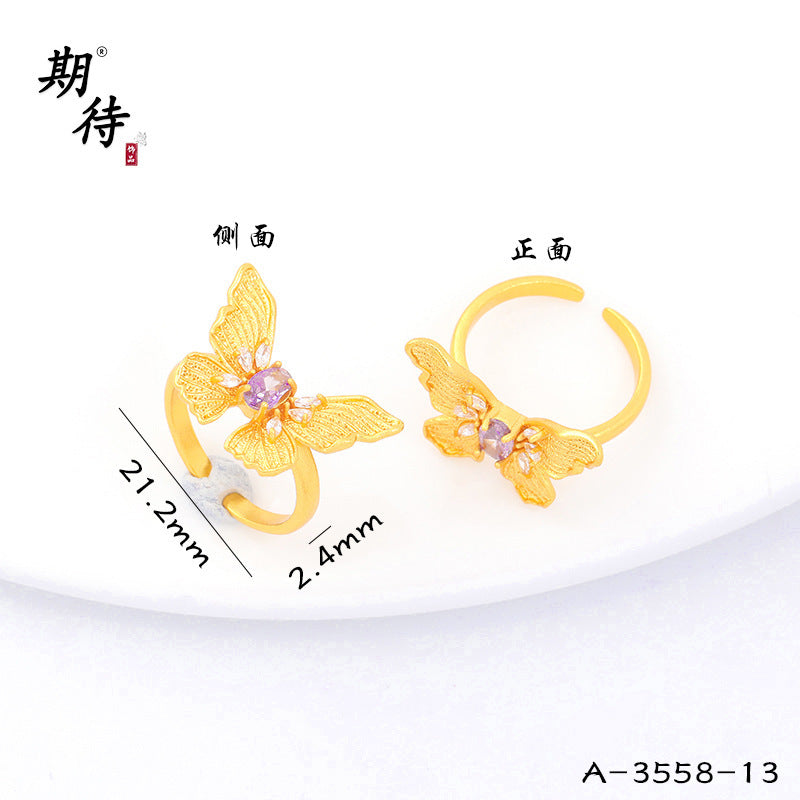 Wholesale Butterfly Ring Blue Gradient Enamel Pearl Antique Gold Finish Fashion Jewelry Accessory