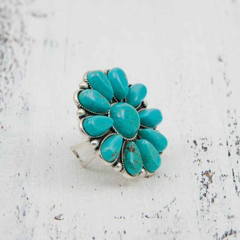 Wholesale Retro Bohemian Turquoise Flower Ring Antique Silver Adjustable Open Band Fashion Jewelry Accessory For Boutique Resale