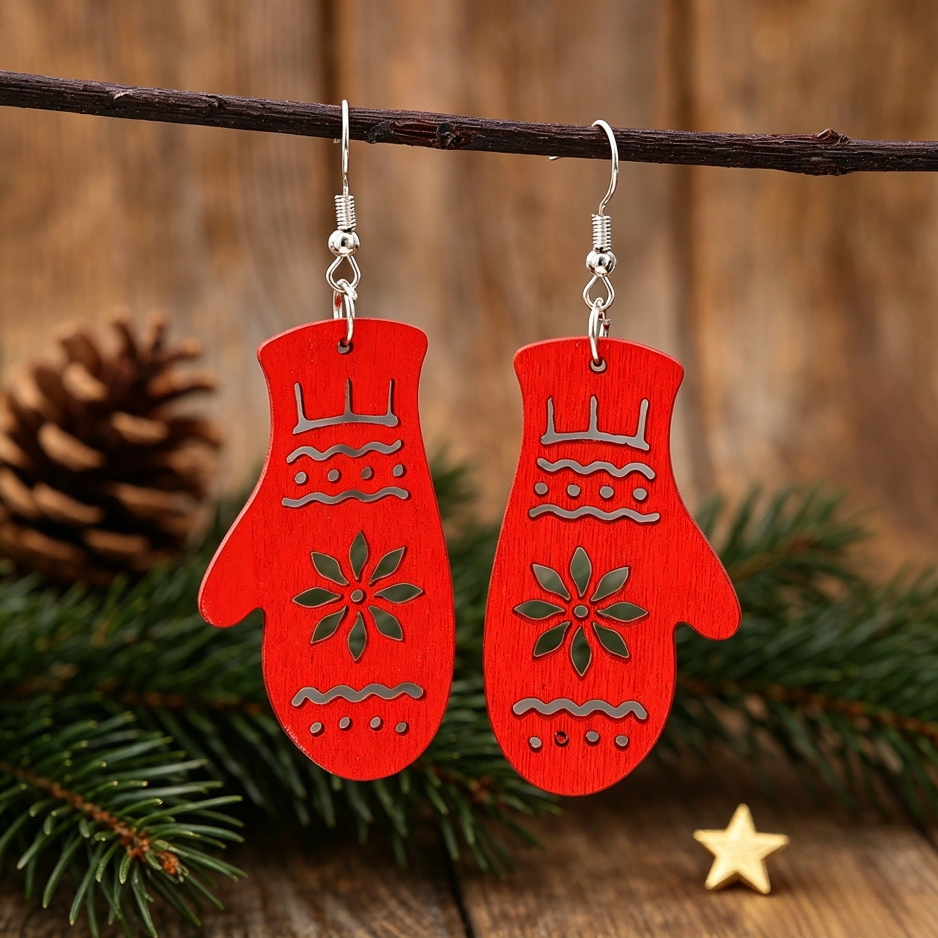 Wholesale Christmas Red Glove Print Wooden Earrings Hollow Design Gift Fashion Jewelry Accessory