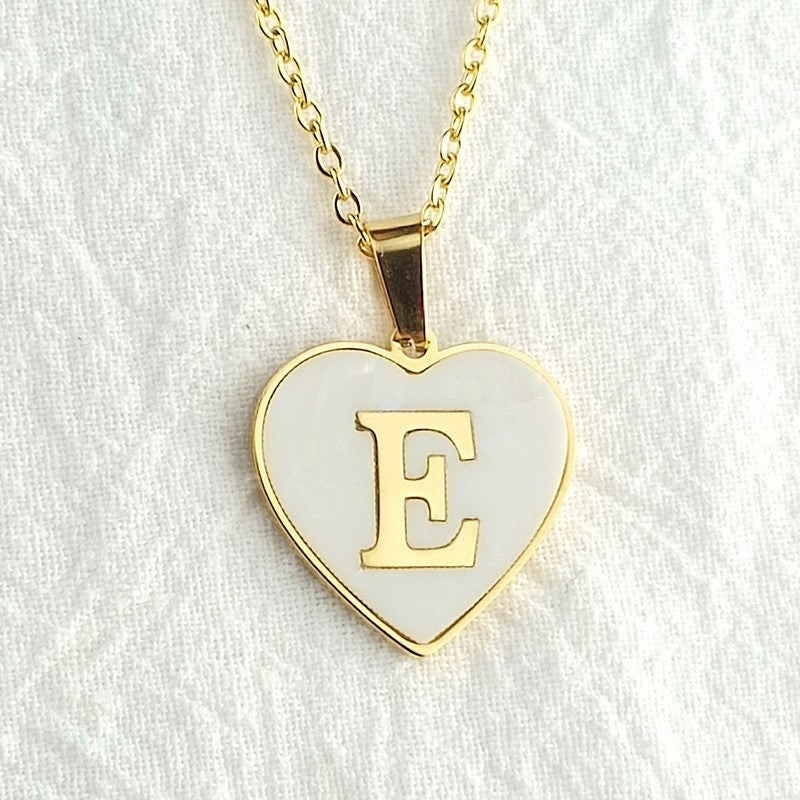 Wholesale 26 English Letters Heart Inlaid Shell Titanium Steel Necklace ACC-NE-DingChao002