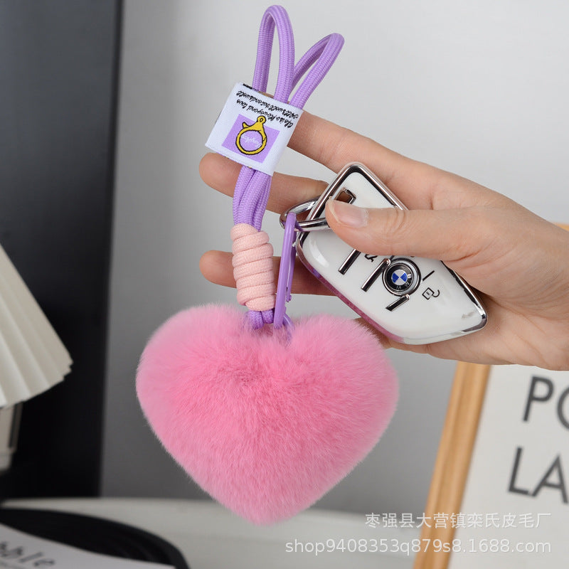 Wholesale Cute Real Rex Rabbit Hair Love Hand Rope wristlet keychain