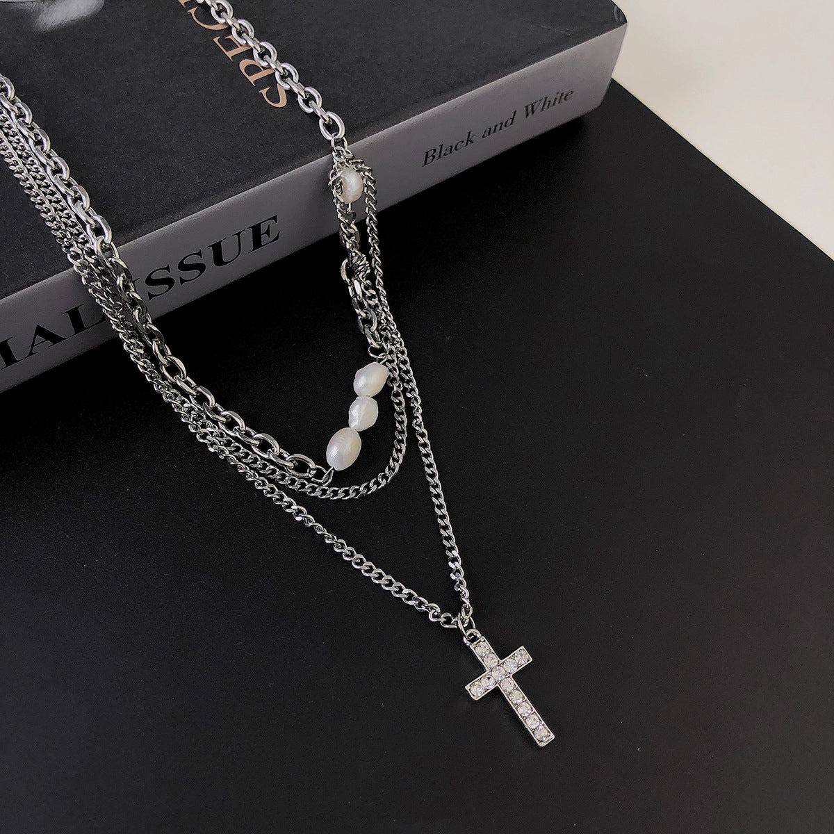 Wholesale Multi-layer Chain Pearl Cross Stitching Necklace Titanium Steel ACC-NE-NS007