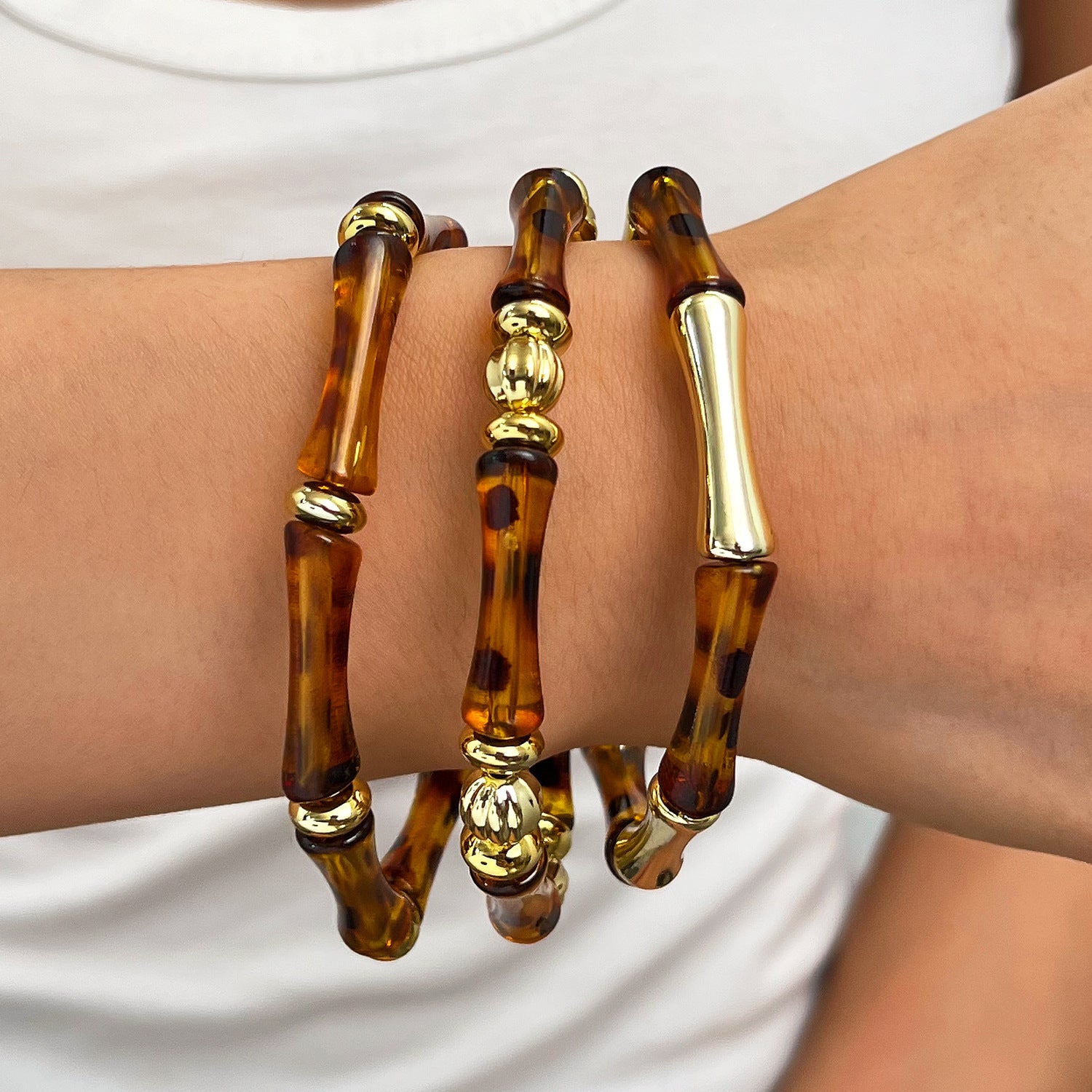 Wholesale Amber Resin Beaded Bracelet Bangle Set For Women Geometric Design Stretch Band Chic Jewelry Accessory