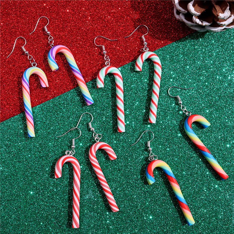 Wholesale  Soft Clay Large Candy Cane Christmas Colorful Rainbow Earrings