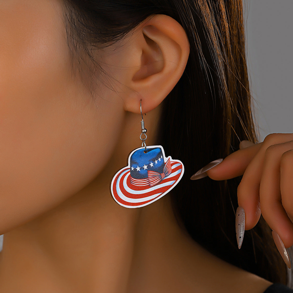 Wholesale  US Independence Day Element Wooden Cowboy Hat Earrings