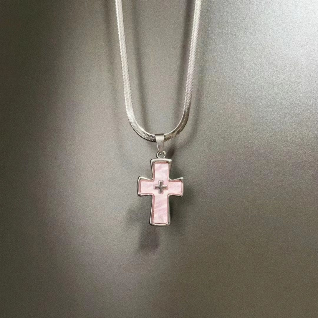 Wholesale Titanium Steel Pink Shell Cross Necklace