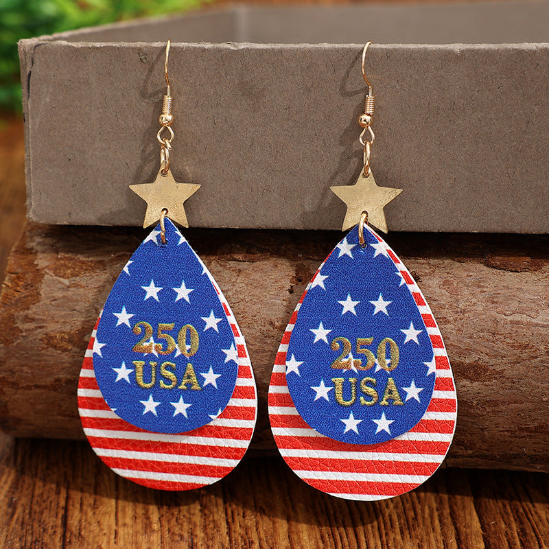Wholesale American Independence Day Flag Striped Leather Double Layer Earrings