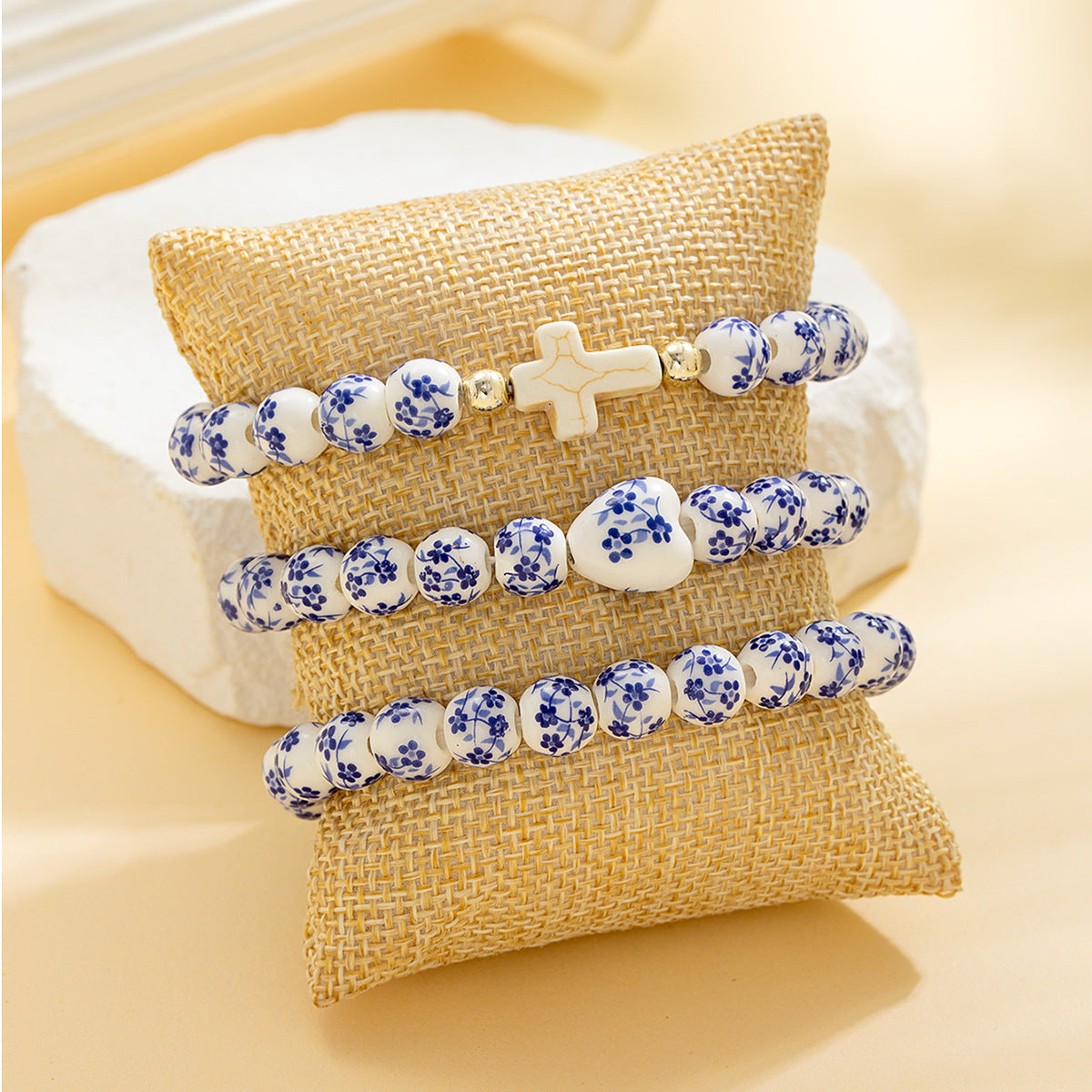 Wholesale Turquoise Cross Ceramic Heart-Shaped Pearl Beaded Stretch Bracelet