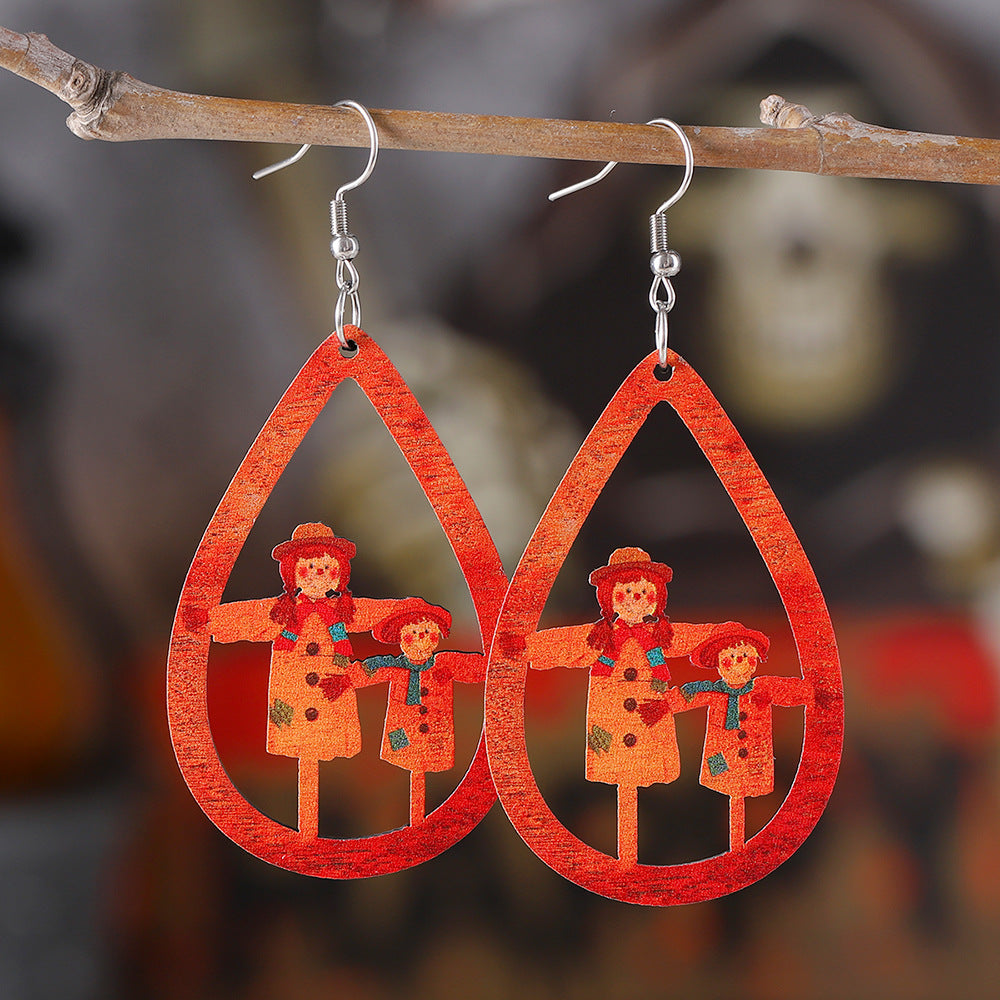 Wholesale Thanksgiving Day Halloween Pumpkin Scarecrow Teardrop Shape Wood Earrings ACC-ES-ChuLian029