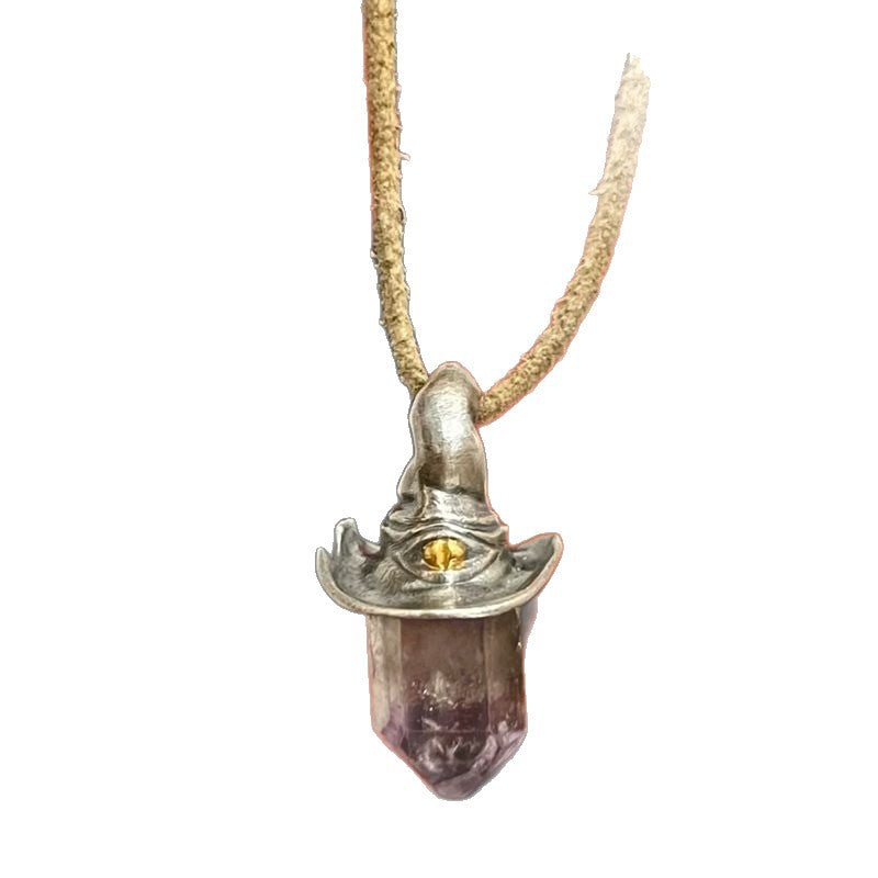 Wholesale  Retro Natural Amethyst Hexagonal Column Witch Hat Pendant Necklaces