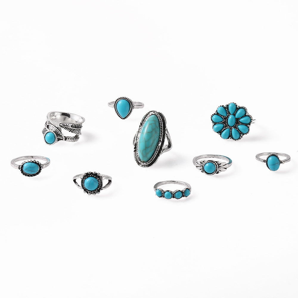 Wholesale Vintage Bohemian Feather Turquoise Hollow  Ring Set