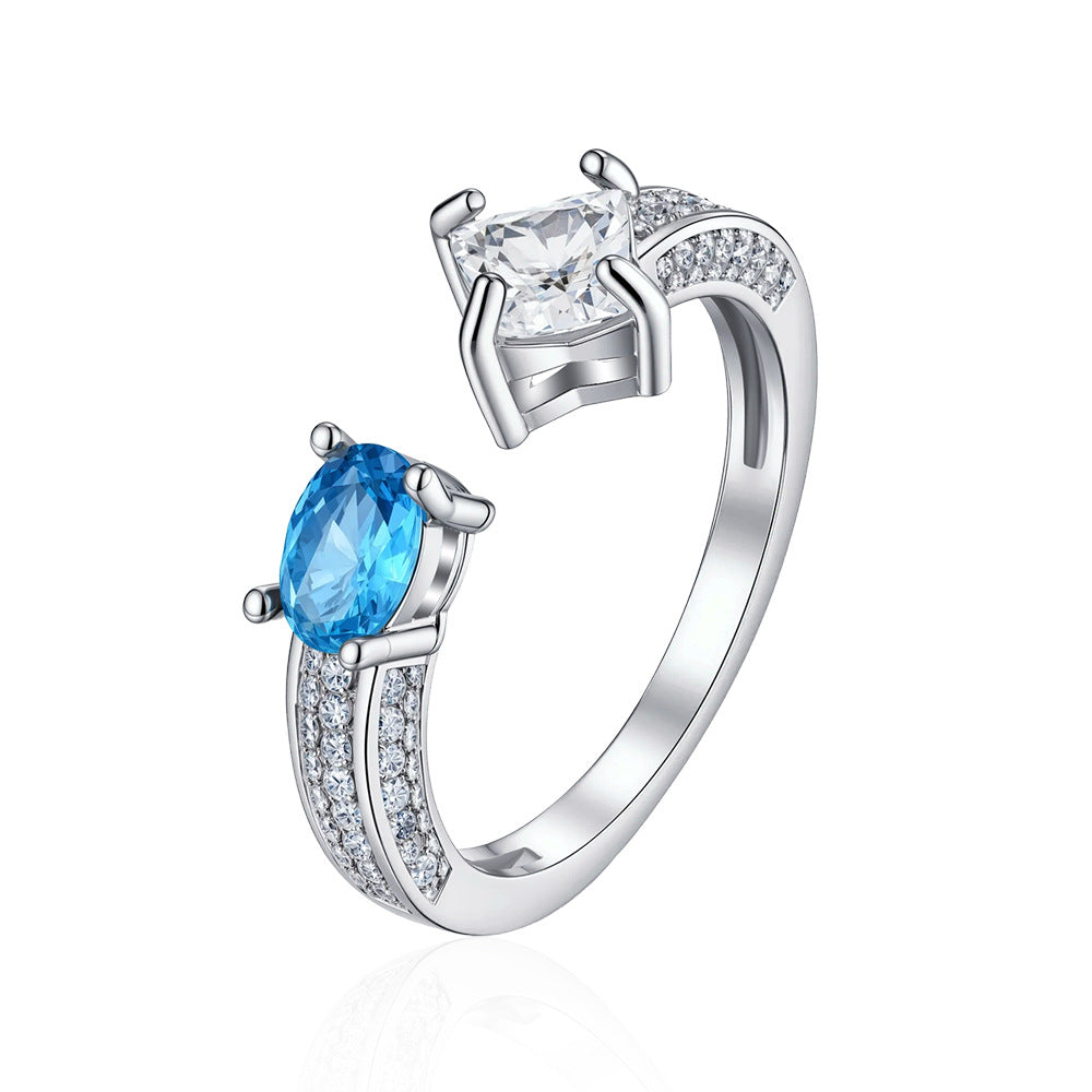 Wholesale Copper Zircon Blue Topaz Ring Moissanite Look Adjustable Silver Jewelry Fashion Accessory For Women Everyday Wear Gift