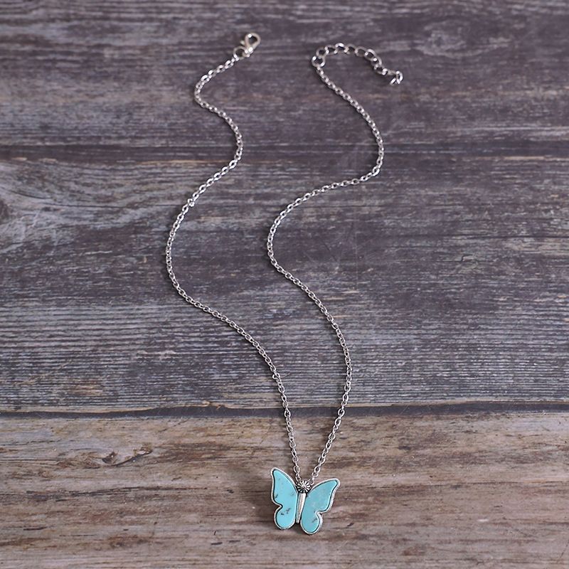 Wholesale Simple Blue Butterfly Turquoise Necklace Zinc Alloy Electroplated Boutique Resale Jewelry Accessory