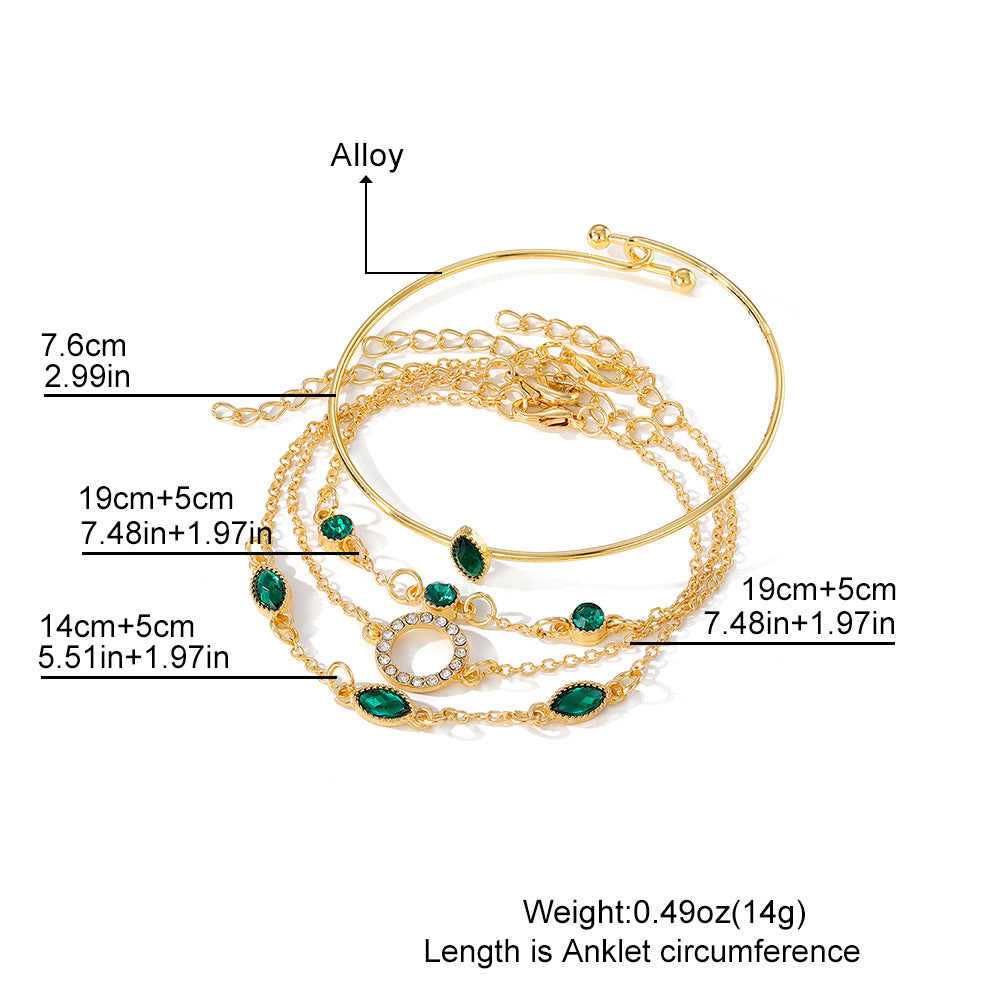 Wholesale Imitation Emerald Diamond Rhinestone Bracelet Set - 4 Piece Boutique Resale Fashion Accessory for Women