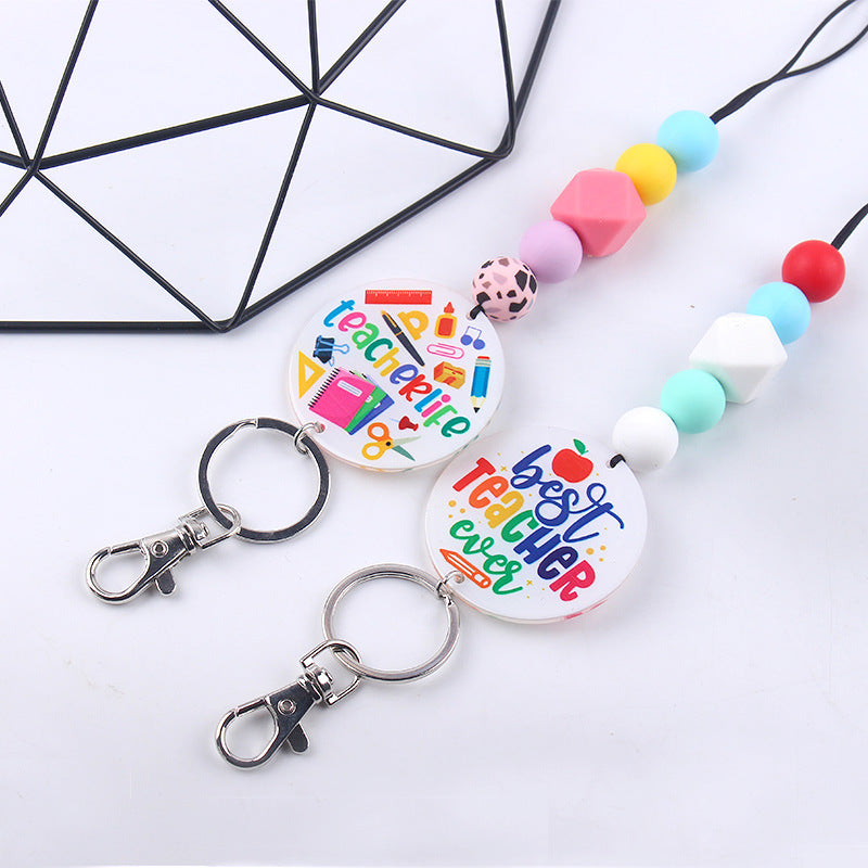 Wholesale Teacher Rainbow Necklace Pendant Cartoon Silicone Beaded Keychain Teacher's Day ACC-KC-GuangTian042