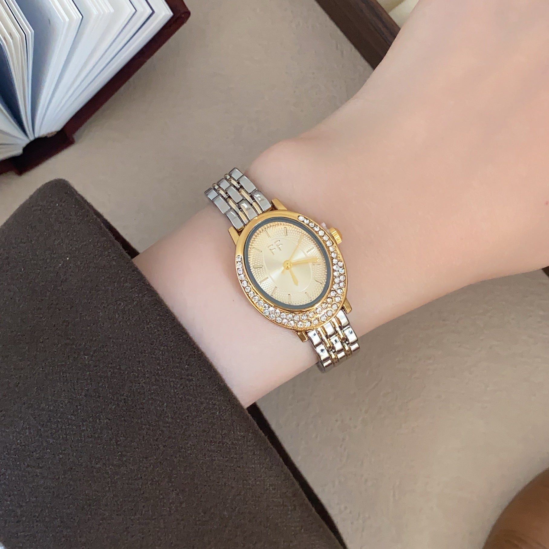 Wholesale Crystal Embellished Oval Half Moon Women S Quartz Watch Simple Vintage Fashion