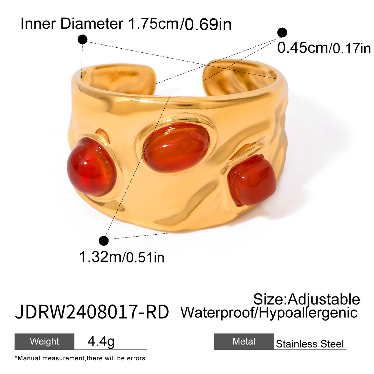 Wholesale  stainless steel red agate ring open ring