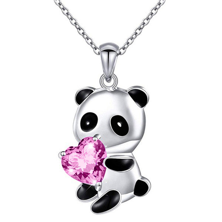 Wholesale cute pink heart-shaped square crystal Zircon panda necklace